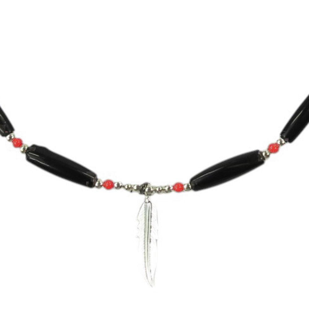 Indianerschmuck - Kette - Dark Buffalo Bone Choker, Feather - rot