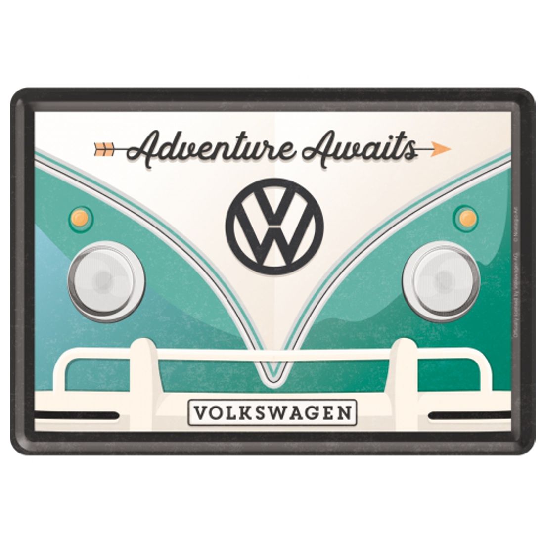 Postkarte aus Stahlblech - VW Bulli - Adventure Awaits